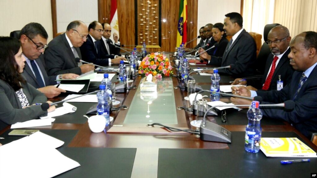 Photo provided by Egypt's state news agency MENA shows Egyptian Foreign Minister Sameh Shoukry (3rd-L) meeting with his counterpart Workneh Gebeyehu (3rd-R) in Addis Ababa, Ethiopia, Dec. 26, 2017. 