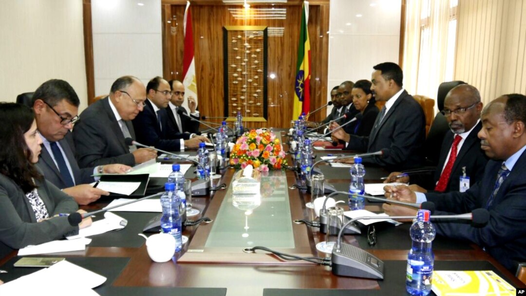 Delegasi Mesir yang dipimpin Menlu Meside Sameh Shoukry (kiri) bertemu Menlu Ethipia di Addis Ababa, Selasa (26/12).