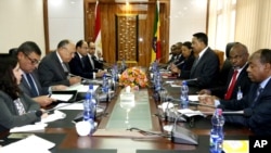 Delegasi Mesir yang dipimpin Menlu Meside Sameh Shoukry (kiri) bertemu Menlu Ethipia di Addis Ababa, Selasa (26/12).