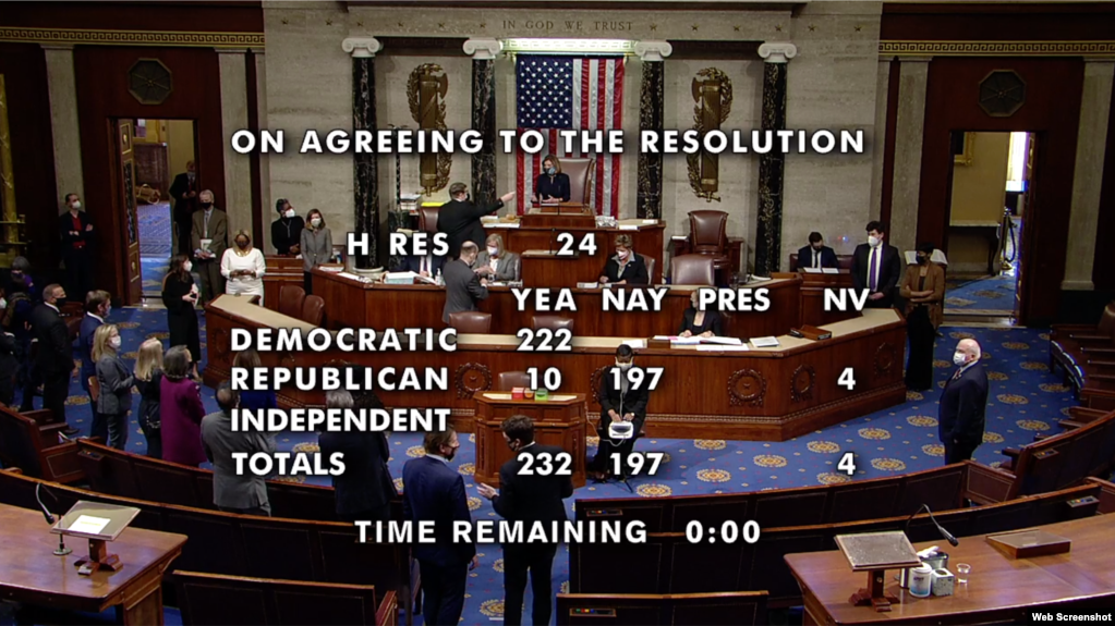 美国国会众议院星期三（1月13日）通过决议，对特朗普总统进行二度弹劾。(photo:VOA)