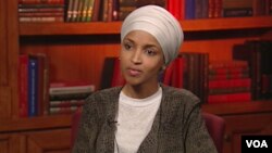 Ilhan Omar, America's first state legislator of Somali origin, is seen during an interview at VOA in Washington.