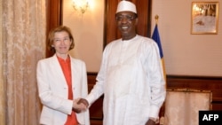 La ministre française des Armées, Florence Parly, avec le président tchadien Idriss Deby Itno, N'Djamena, Tchad, le 31 juillet 2017. 