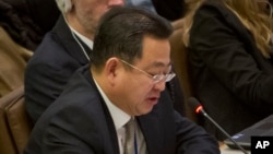 FILE - Choe Myong Nam, North Korea's deputy permanent representative to the UN in Geneva, speaks during a meeting of the U.N. General Assembly human rights committee, Nov. 18, 2014, when he was in charge of U.N. affairs and human rights.