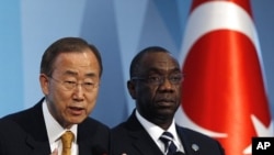 United Nations Secretary-General Ban Ki-moon, left, accompanied by Secretary-General of the conference Cheikh Sidi Diarra, attends a news conference during the 4th UN Conference on the Least Developed Countries in Istanbul, Turkey. (File Photo - May 9, 20