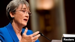 FILE - U.S. Secretary of the Air Force Nominee Heather Wilson testifies before the Senate Armed Services Committee, as a part of the confirmation process, March 30, 2017. 
