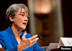 FILE - U.S. Secretary of the Air Force Nominee Heather Wilson testifies before the Senate Armed Services Committee, as a part of the confirmation process, March 30, 2017.