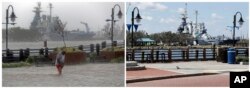 En esta combinación de fotos, un hombre intenta cruzar una calle inundada el 14 de septiembre de 2018, a la izquierda, y el 19 de septiembre de 2018, después de que el agua retrocediera a raíz del huracán Florence en Wilmington, N.C.