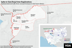 This map shows communes in Cambodia's northwestern Siem Reap province that experienced the highest increases in voter registrations. Data source: Cambodia's National Election Committee. (Michael Dickison/Julia Wallace for VOA Khmer)