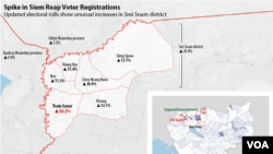 This map shows communes in Cambodia's northwestern Siem Reap province that experienced the highest increases in voter registrations. Data source: Cambodia's National Election Committee. (Michael Dickison for VOA Khmer)