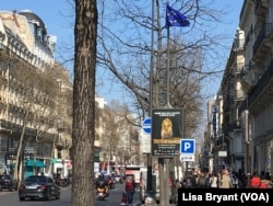 A European Union flag flies on the Boulevard de Sebastopol in Paris, France.