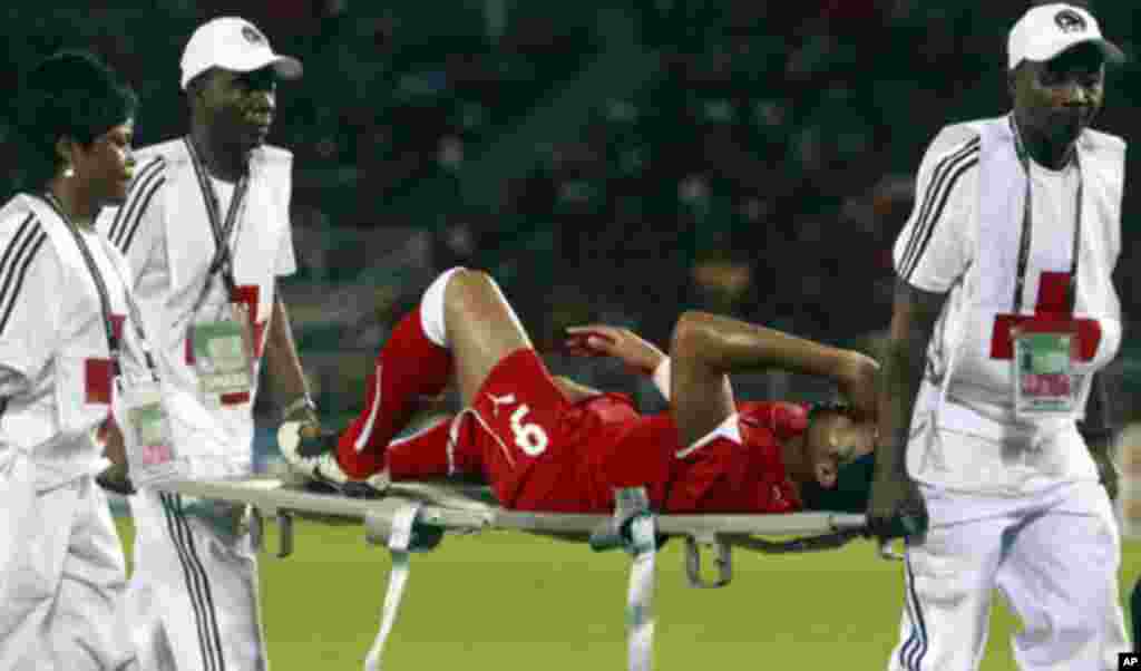 Rodolfo Bodipo, captain of the Equatorial Guinea team, is carried on a stretcher after he was injured during the opening match against Libya in the African Nations Cup soccer tournament in Estadio de Bata "Bata Stadium", in Bata January 21, 2012.
