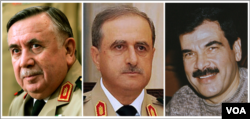 Şam’da 18 Temmuz 2012’de bombalı saldırıda öldürülen Suriye’li bakanlar (soldan, sağa) eski Savunma Bakanı General Hasan Türkomani, Savunma Bakanı General Davud Racha ve Devlet Başkanı Beşar Esad’ın kayınbiraderi olan Savunma Bakan Yardımcısı General Asıf Şevket