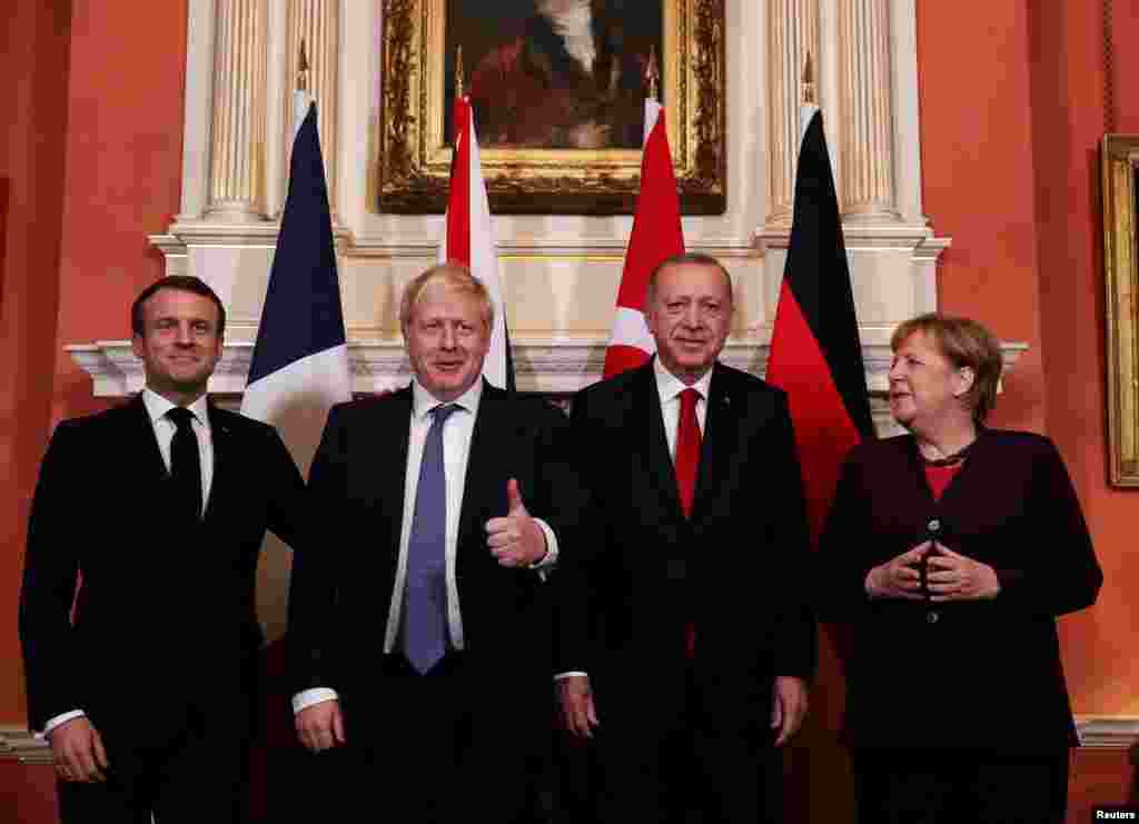 Briitaniya - London, Fransa prezidenti Emanuel Makron, Britaniyanın baş naziri Boris Conson, Türkiyə prezidenti Rəcəb Tayyib Ərdoğan və Almaniya kansleri Angela Merkel NATO sammitindən əvvəl 