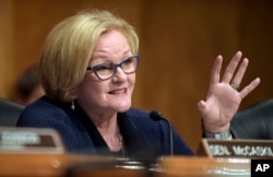 FILE - Senate Homeland Security and Governmental Affairs Committee ranking member Sen. Claire McCaskill, D-Mo., asks a question during a hearing on Capitol Hill in Washington, June 6, 2017.