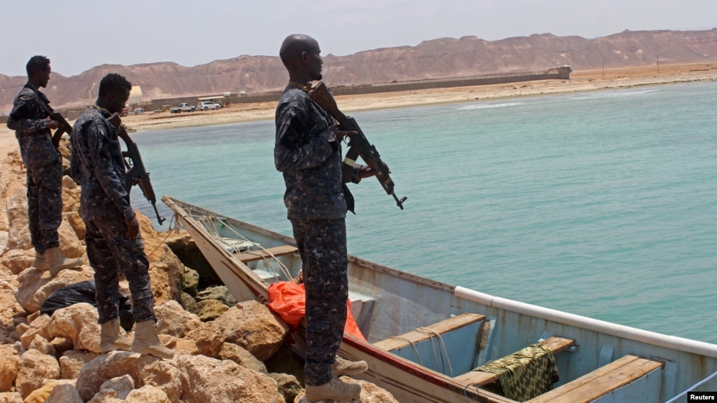 FILE - Somali Puntland forces are seen on the shores of the Gulf of Aden, in Bosaso, Puntland region, Somalia, Sept. 23, 2017.