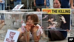 Các nhà hoạt động vì quyền động vật châu Á phản đối việc giết mổ và bán thịt chó.