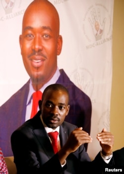 Opposition Movement for Democratic Change (MDC) leader Nelson Chamisa addresses a media conference in Harare, Zimbabwe, Aug. 2, 2018.