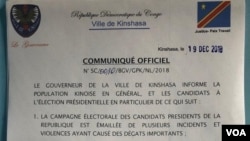 Communiqué du gouverneur de Kinshasa proclamant la suspension de la campagne le 19 novembre 2018.