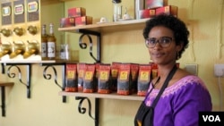 Nasra Ali, managing director of Kaldi Africa, is pictured in her company's tasting room in Lagos, Sept. 5, 2015. (C. Stein/VOA)