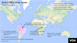အရှေ့တောင်အာရှအပါအဝင် ကမ္ဘာတလွှား Zika ဗိုင်းရပ်စ်ပိုး ဖြစ်ပွားနေတဲ့အခြေအနေပြ ဇယား။ 