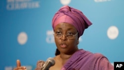 FILE- Former Nigerian petroleum minister Diezani Alison-Madueke, answers a question following a speech at the IHS CERAWeek, in Houston, March 4, 2014.
