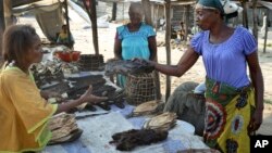 FILE - A street trader sells dried fish and smoked monkey meat at the port of Maluku in Kinshasa, Congo, May 29, 2018.