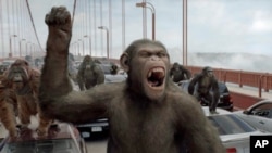 On the Golden Gate Bridge, Caesar leads a revolution that will ultimately lead to the 'Rise of the Planet of the Apes.'