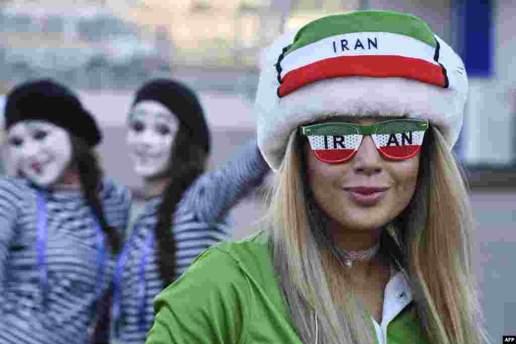 An Iranian fan poses outside the Mordovia Arena prior to the Russia 2018 World Cup Group B football match between Iran and Portugal in Saransk.