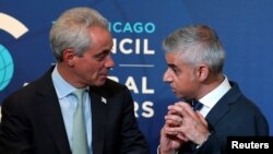 Mayor of London Sadiq Khan (R) speaks with Chicago Mayor Rahm Emanuel at the Chicago Council on Global Affairs in Chicago, Illinois, U.S., September 15, 2016.