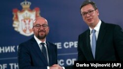 Premijer Belgije Šarl Mišel i predsednik Srbije Aleksandar Vučić danas u Beogradu(AP Photo/Darko Vojinović)