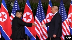 지난해 6월 12일 싱가포르에서 열린 첫 미-북 정상회담에서 도널드 트럼프 미국 대통령과 김정은 북한 국무위원장이 악수를 하기 위해 서로에게 손을 내밀고 있다.