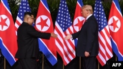 지난 6월 12일 싱가포르에서 열린 첫 미-북 정상회담에서 도널드 트럼프 미국 대통령과 김정은 북한 국무위원장이 악수하기 위해 서로에게 손을 내밀고 있다.