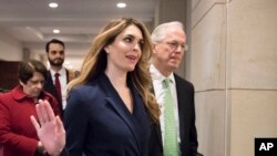 White House Communications Director Hope Hicks, one of President Trump's closest aides and advisers, arrives to meet behind closed doors with members of the House Intelligence Committee, at the Capitol, in Washington, Feb. 27, 2018. 