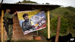 FILE - Orlando, a fighter with the Revolutionary Armed Forces of Colombia, or FARC, hangs a banner featuring the late rebel leader Alfonso Cano with a message that reads in Spanish: "Our dream is peace with social justice," in their camp in Antioquia state, Colombia.
