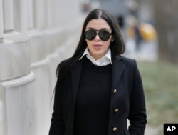 FILE - Emma Coronel Aispuro, wife of Joaquin "El Chapo" Guzman, arrives at federal court in New York, Dec. 6, 2018, for her husband's trial.