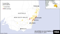 Location of wildfires in southern Australia