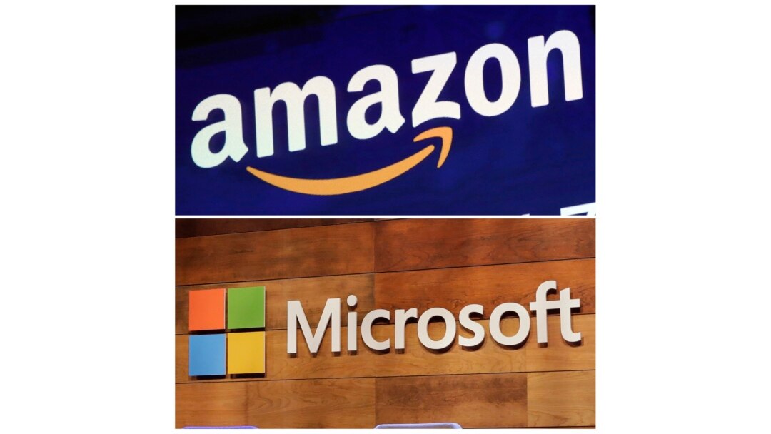 Kombinasi logo Amazon dan Microsoft. Kedua perusahaan raksasa terlibat sengketa terkait proyek komputasi awan dengan Departemen Pertahanan AS (Pentagon). (Foto: AP)