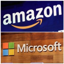 Kombinasi logo Amazon dan Microsoft. Kedua perusahaan raksasa terlibat sengketa terkait proyek komputasi awan dengan Departemen Pertahanan AS (Pentagon). (Foto: AP)