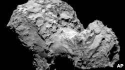 A picture of Comet 67P/Churymov Gerasimenko taken by the Rosetta spacecraft shows the objects rough surface.