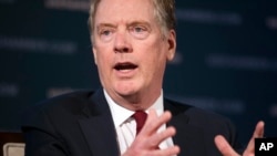 FILE - U.S. Trade Representative Robert Lighthizer speaks at the 9th China Business Conference at the U.S. Chamber of Commerce in Washington, May 1, 2018.