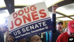 Patizan kandida demokrat la, Doug Jones, pandan yo t ap tann rezilta yo nan sware elektoral 12 desanm 2017 la nan vil Birmingham, Alabama.