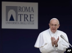 Pope Francis delivers his speech during his visit at the Roma Tre University in Rome, Feb. 17, 2017.