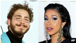 This combination photo shows rapper Post Malone at the American Music Awards in Los Angeles, California, Oct. 9, 2018, left, and rapper Cardi B at the Tom Ford SS19 Show during New York Fashion Week, in New York, Sept. 5, 2018. 