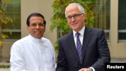 Australia's Prime Minister Malcolm Turnbull shakes hands with Sri Lanka's President Maithripala Sirisena at Parliament House in Canberra, Australia, May 25, 2017.