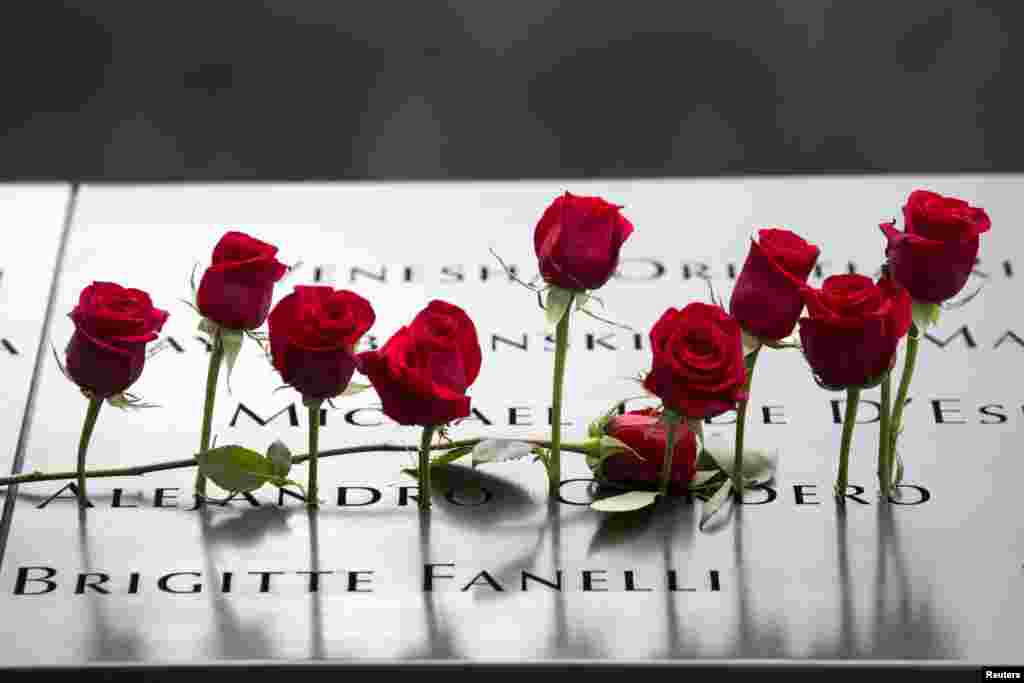 Roses are placed on the memorial during a ceremony marking the 14th anniversary of the attacks on the World Trade Center at The National September 11 Memorial and Museum in Lower Manhattan in New York.