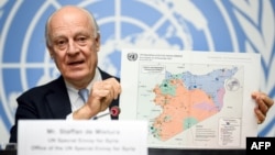 FILE - U.N. Special Envoy for Syria Staffan de Mistura gives a press conference closing a round of Syria peace talks at the European headquarters of the United Nations offices in Geneva, Dec. 14, 2017. 