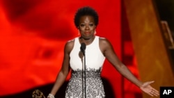 Viola Davis accepts the award for outstanding lead actress in a drama series for “How to Get Away With Murder” at the 67th Primetime Emmy Awards, Sept. 20, 2015.