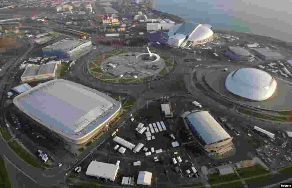 An aerial view from a helicopter shows the Olympic Park in the Adler district of the Black Sea resort city of Sochi.
