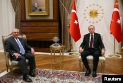 Turkish President Recep Tayyip Erdogan meets U.S. Secretary of State Rex Tillerson in Ankara, Turkey, Feb. 15, 2018.