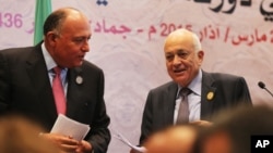 Tổng thứ ký Liên đoàn Ả Rập Nabil Elaraby (phải) và Ngoại trưởng Ai Cập Sameh Shukri rời cuộc họp báo vào lúc kết thúc hội nghị thượng đỉnh Ả Rập ở Sharm el-Sheikh, Ai Cập, 29/3/15